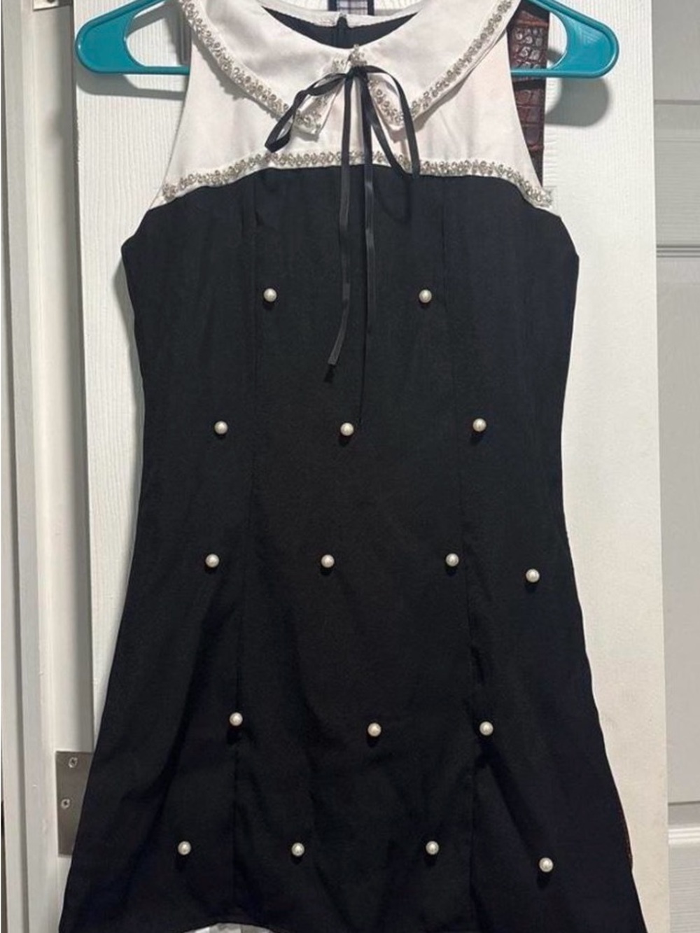 Custom Sleeveless Black Dress with White Peter Pan Collar and Pearl Accents